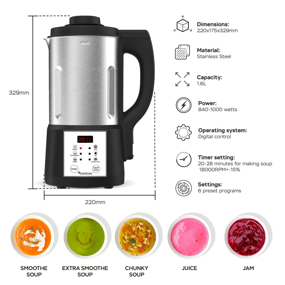 TurboTronic FSM7 Elektrisk suppemaskine - Smoothiemaskine - 6 forudindstillede programmer - rustfrit stål - Billede 6